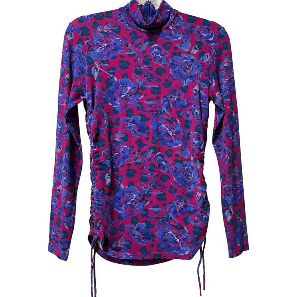 Gilner Farrar Mock Neck Back Zip Blouse Purple / Blue Floral Ruched Top Medium‎